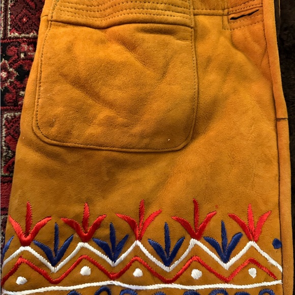 Women's Mustard Genuine Suede Shearling Coat with Real Fur Trim – Embroidered - Picture 6 of 6